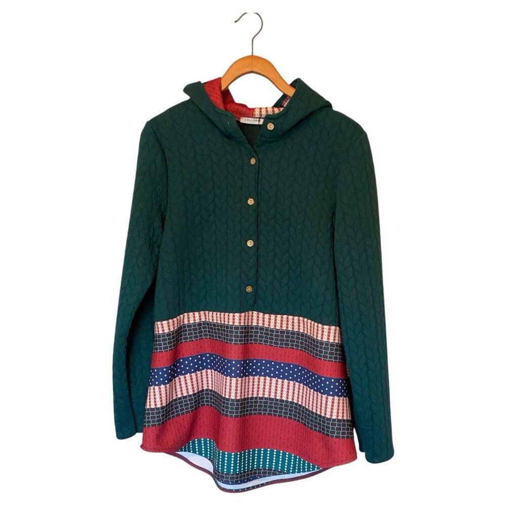 Cellabie Green Quilted Mixed Print Button Up Hooded L/S Pullover Women's L